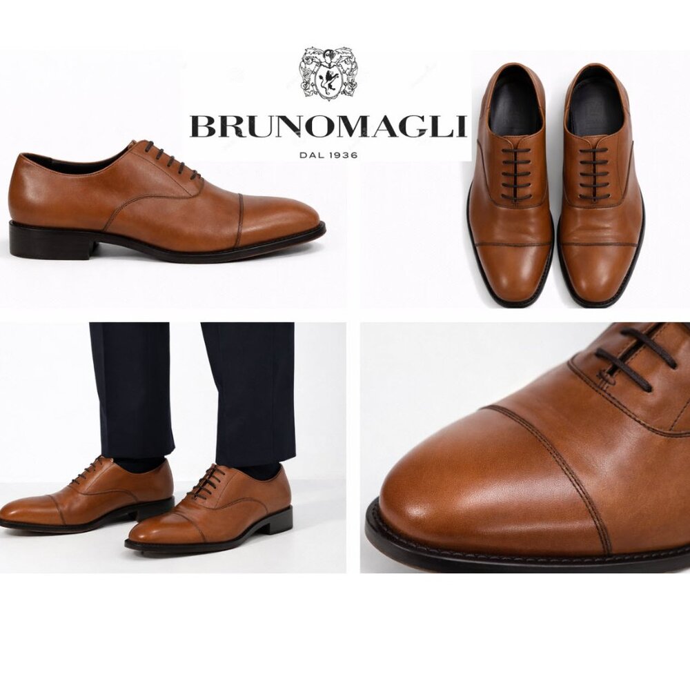Bruno Magli Tan Leather Oxford Shoes Lace-Up Cap Toe Italy Size 12 Dress